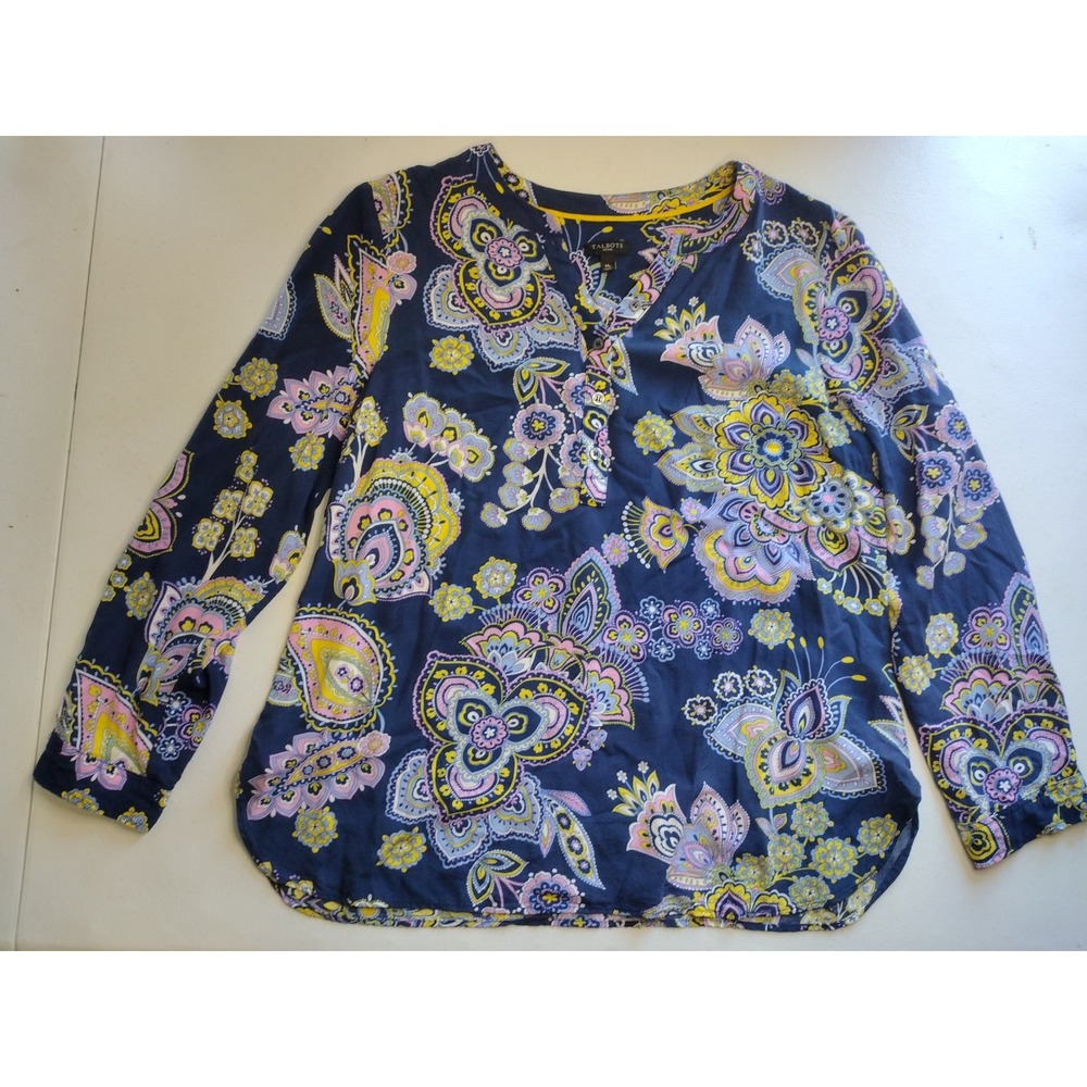 Talbots Petites Navy Paisley Print V Neck Button Up Long Sleeve Blouse‎ Top Mp